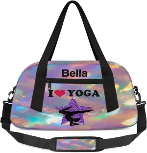 Custom Kids Sports Duffel Bag Iridexcent Glitter Love Yoga Personalized Dance Gym Bag for Boys Girls Lightweight Weekender Travel Duffle Cheer Bag