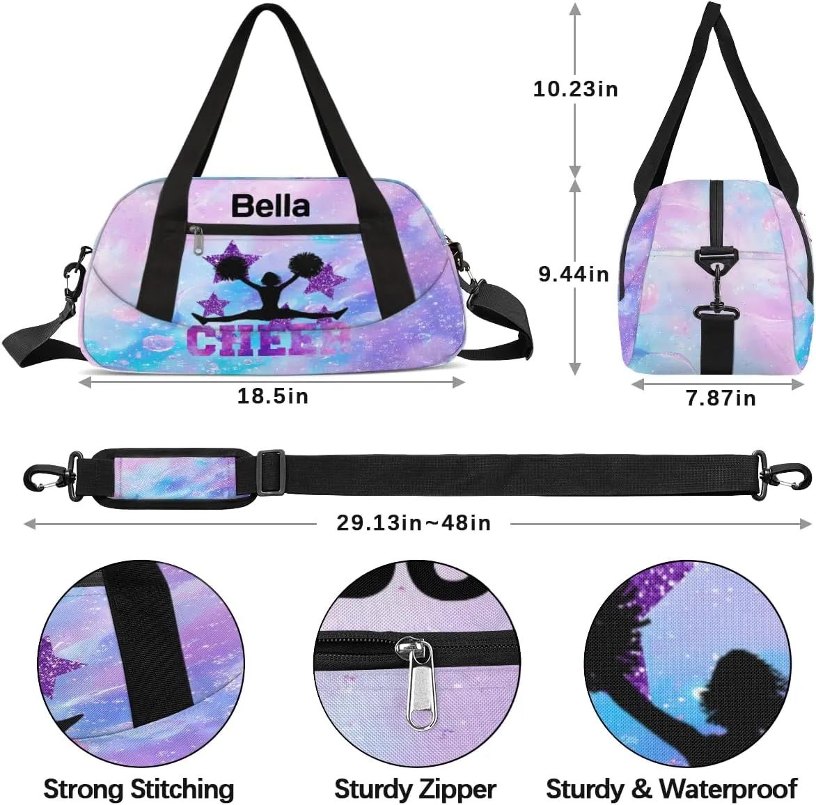 Custom Kids Sports Duffel Bag Pink Blue Purple Bubbles Cheer Cheerleader Personalized Dance Gym Bag for Boys Girls Lightweight Weekender Travel Duffle Cheer Bag