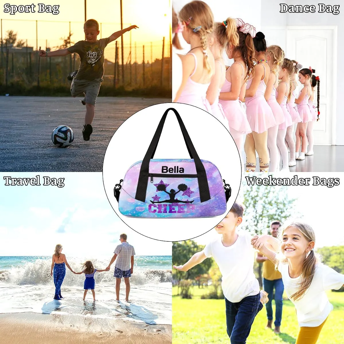 Custom Kids Sports Duffel Bag Pink Blue Purple Bubbles Cheer Cheerleader Personalized Dance Gym Bag for Boys Girls Lightweight Weekender Travel Duffle Cheer Bag
