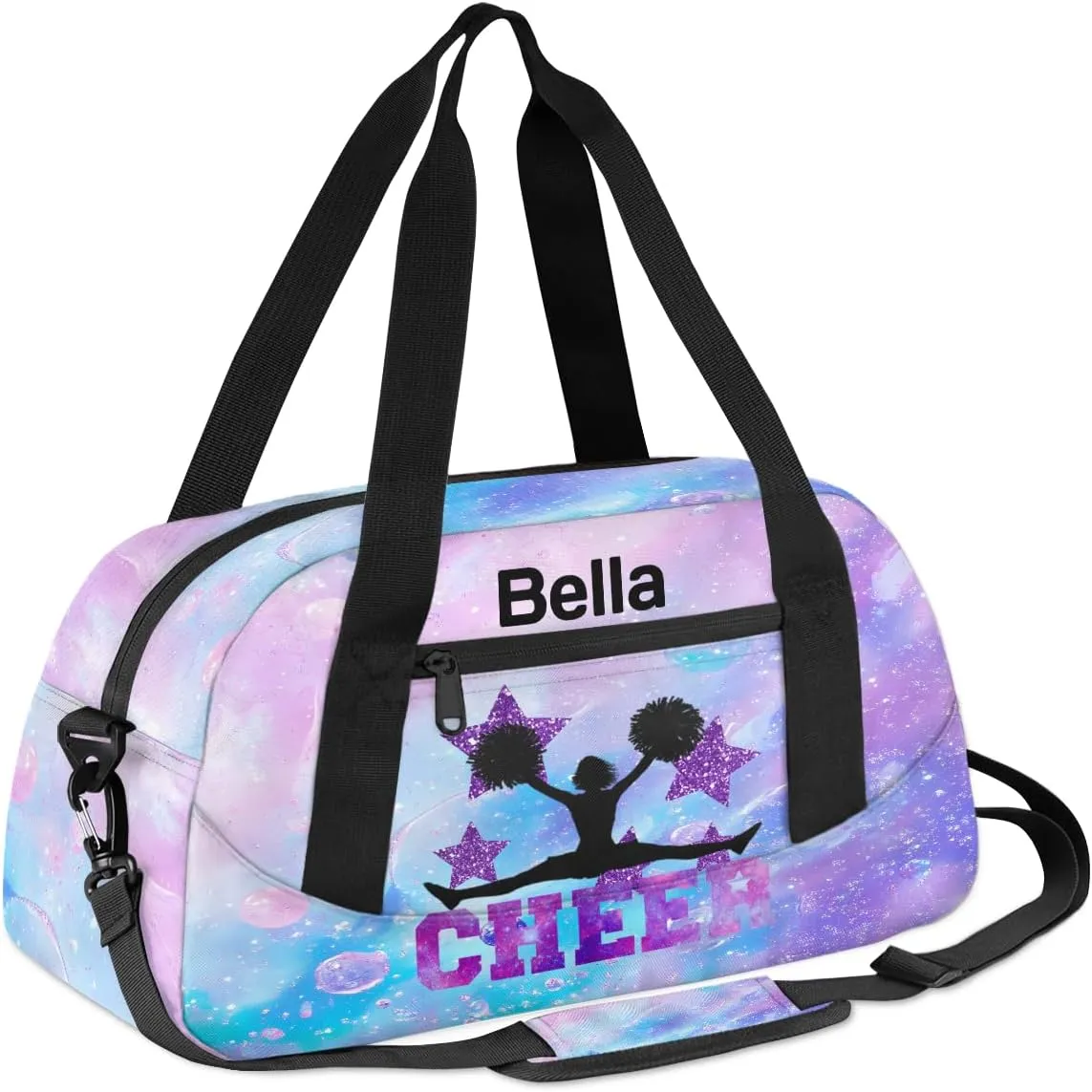 Custom Kids Sports Duffel Bag Pink Blue Purple Bubbles Cheer Cheerleader Personalized Dance Gym Bag for Boys Girls Lightweight Weekender Travel Duffle Cheer Bag