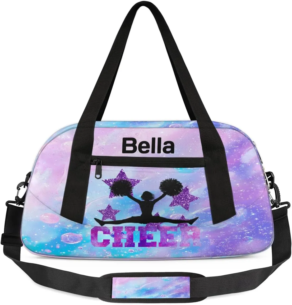 Custom Kids Sports Duffel Bag Pink Blue Purple Bubbles Cheer Cheerleader Personalized Dance Gym Bag for Boys Girls Lightweight Weekender Travel Duffle Cheer Bag