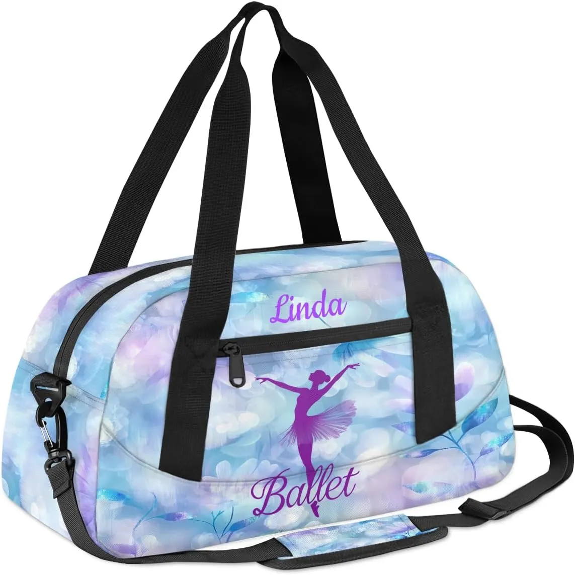 Custom Kids Sports Duffel Bag Purple Blue Bokeh Ballet Dancer Personalized Dance Gym Bag for Boys Girls Lightweight Weekender Travel Duffle Cheer Bag