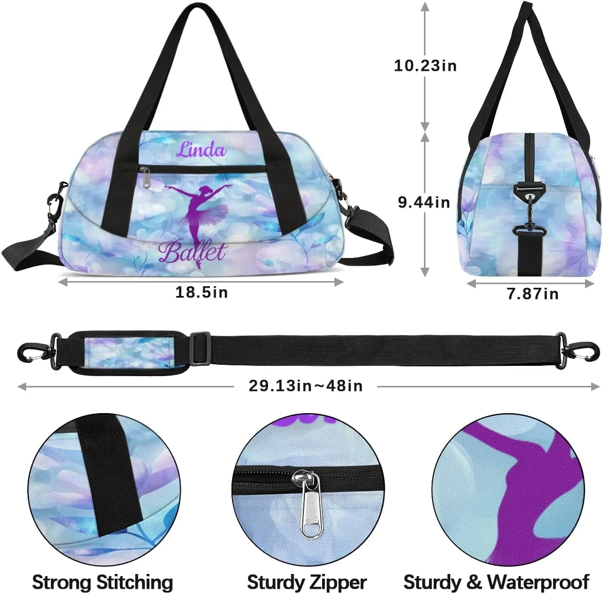 Custom Kids Sports Duffel Bag Purple Blue Bokeh Ballet Dancer Personalized Dance Gym Bag for Boys Girls Lightweight Weekender Travel Duffle Cheer Bag