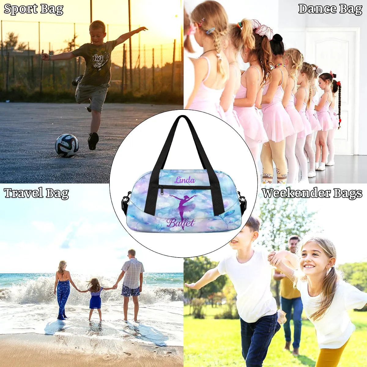 Custom Kids Sports Duffel Bag Purple Blue Bokeh Ballet Dancer Personalized Dance Gym Bag for Boys Girls Lightweight Weekender Travel Duffle Cheer Bag