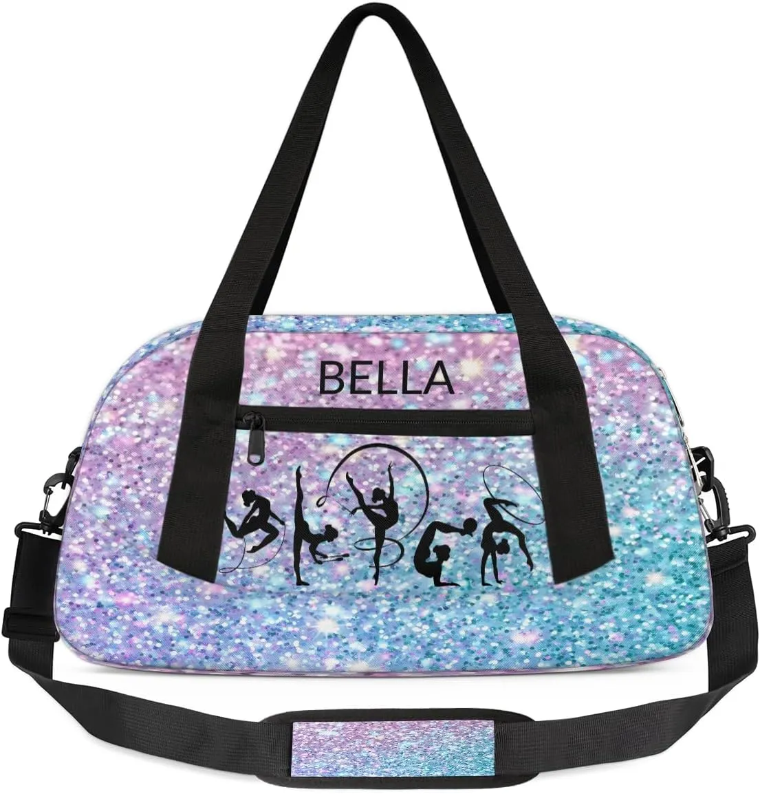 Custom Kids Sports Duffel Bag Purple Blue Glitter Gym Personalized Dance Gym Bag for Boys Girls Lightweight Weekender Travel Duffle Cheer Bag
