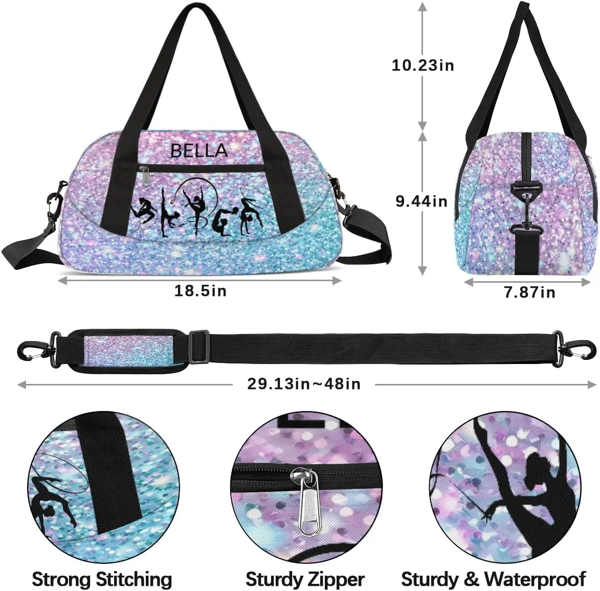 Custom Kids Sports Duffel Bag Purple Blue Glitter Gym Personalized Dance Gym Bag for Boys Girls Lightweight Weekender Travel Duffle Cheer Bag