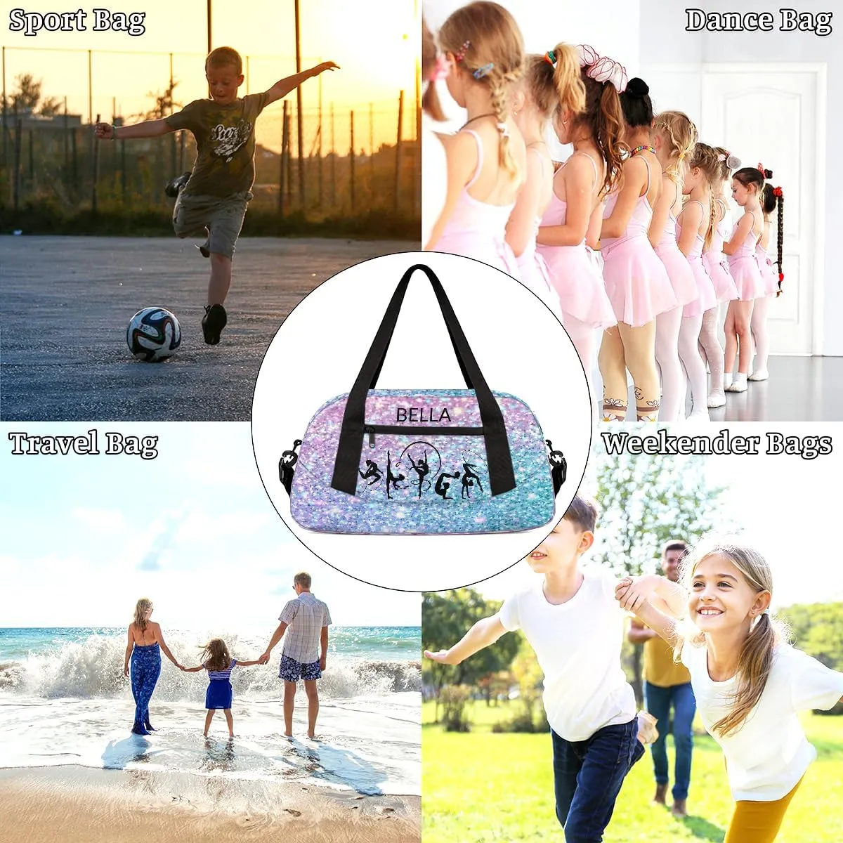 Custom Kids Sports Duffel Bag Purple Blue Glitter Gym Personalized Dance Gym Bag for Boys Girls Lightweight Weekender Travel Duffle Cheer Bag