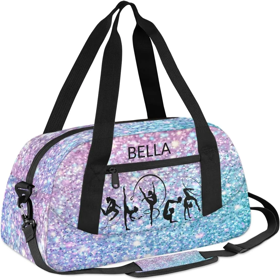 Custom Kids Sports Duffel Bag Purple Blue Glitter Gym Personalized Dance Gym Bag for Boys Girls Lightweight Weekender Travel Duffle Cheer Bag