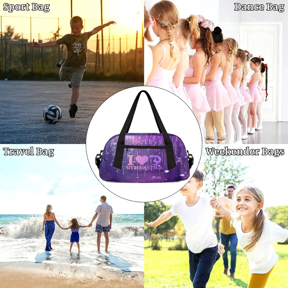 Custom Kids Sports Duffel Bag Purple Blurred Stars Rain Light Lines Gymnastics Personalized Dance Gym Bag for Boys Girls Lightweight Weekender Travel Duffle Cheer Bag