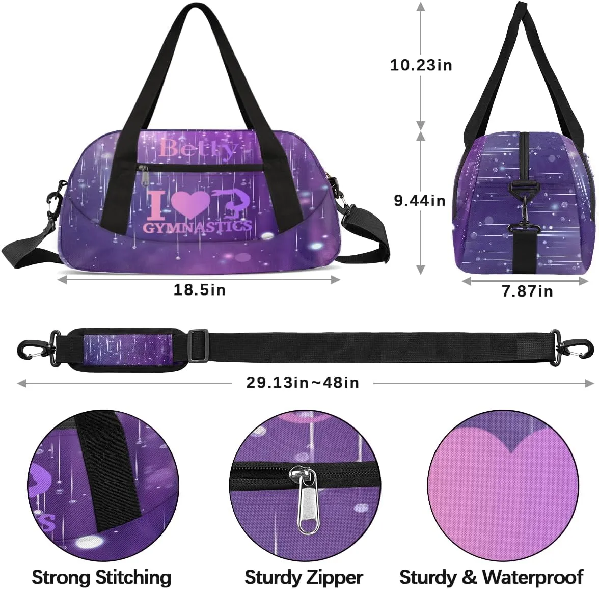 Custom Kids Sports Duffel Bag Purple Blurred Stars Rain Light Lines Gymnastics Personalized Dance Gym Bag for Boys Girls Lightweight Weekender Travel Duffle Cheer Bag
