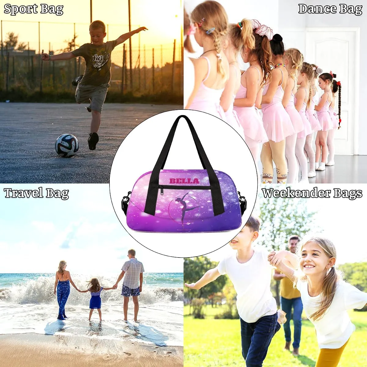 Custom Kids Sports Duffel Bag Purple Pink Gradient Gym Personalized Dance Gym Bag for Boys Girls Lightweight Weekender Travel Duffle Cheer Bag
