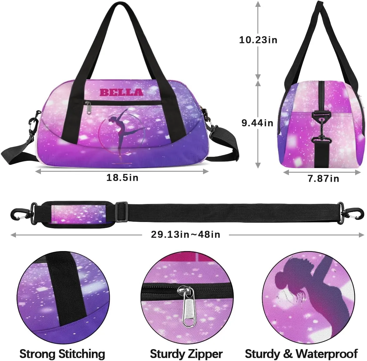Custom Kids Sports Duffel Bag Purple Pink Gradient Gym Personalized Dance Gym Bag for Boys Girls Lightweight Weekender Travel Duffle Cheer Bag