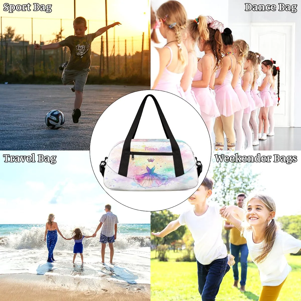 Custom Kids Sports Duffel Bag Rainbow Colored Ballet Dancer Skirts Personalized Dance Gym Bag for Boys Girls Lightweight Weekender Travel Duffle Cheer Bag