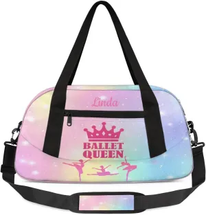 Custom Kids Sports Duffel Bag Rainbow Pastel Glitter Ballet Queen Personalized Dance Gym Bag for Boys Girls Lightweight Weekender Travel Duffle Cheer Bag