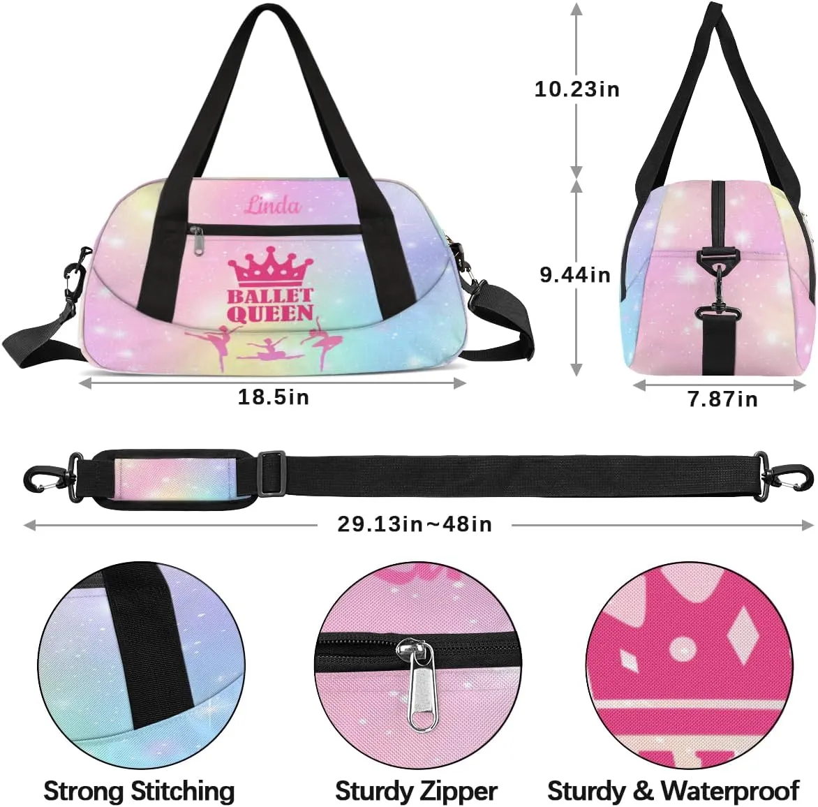 Custom Kids Sports Duffel Bag Rainbow Pastel Glitter Ballet Queen Personalized Dance Gym Bag for Boys Girls Lightweight Weekender Travel Duffle Cheer Bag