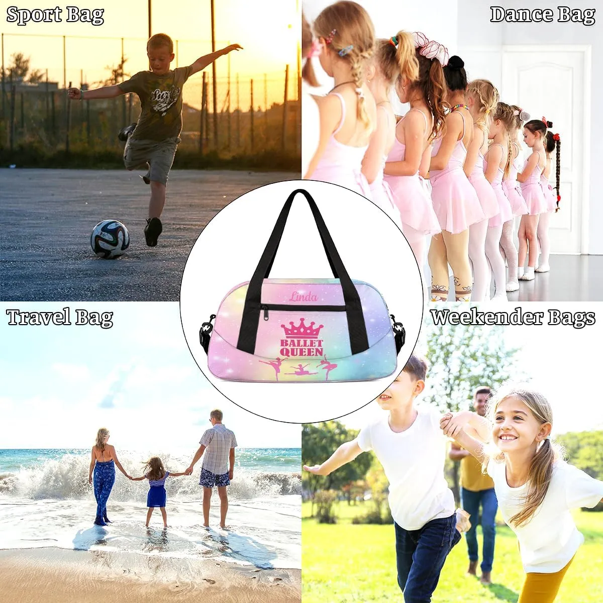 Custom Kids Sports Duffel Bag Rainbow Pastel Glitter Ballet Queen Personalized Dance Gym Bag for Boys Girls Lightweight Weekender Travel Duffle Cheer Bag