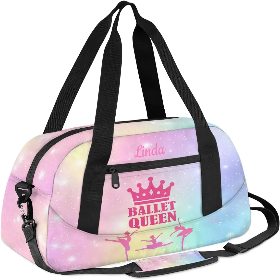 Custom Kids Sports Duffel Bag Rainbow Pastel Glitter Ballet Queen Personalized Dance Gym Bag for Boys Girls Lightweight Weekender Travel Duffle Cheer Bag