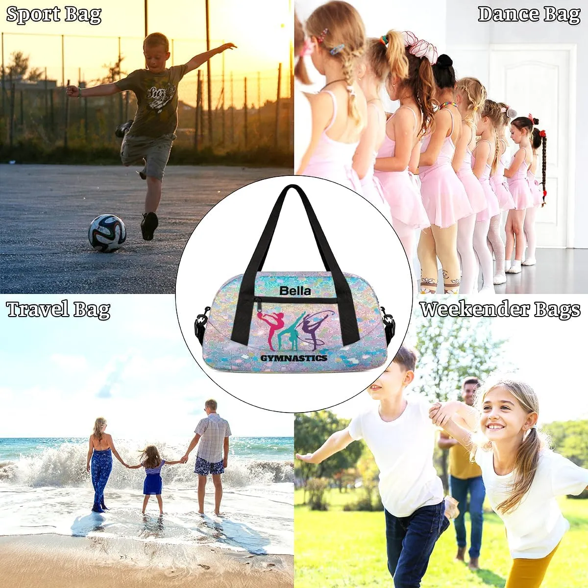 Custom Kids Sports Duffel Bag Rainbow Pastel Glitter Gym Themed Personalized Dance Gym Bag for Boys Girls Lightweight Weekender Travel Duffle Cheer Bag