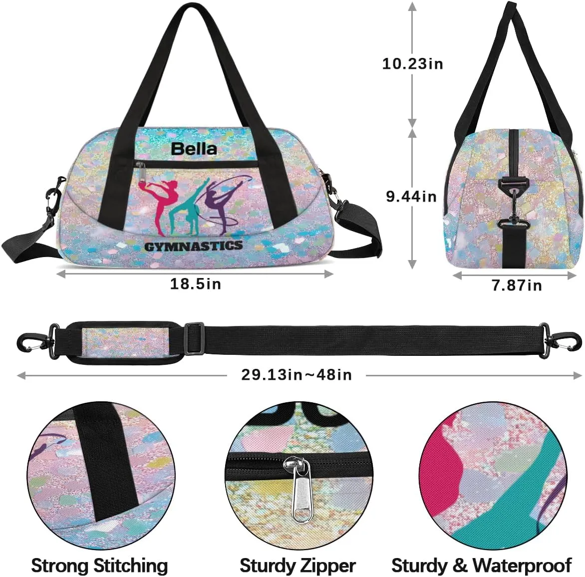 Custom Kids Sports Duffel Bag Rainbow Pastel Glitter Gym Themed Personalized Dance Gym Bag for Boys Girls Lightweight Weekender Travel Duffle Cheer Bag