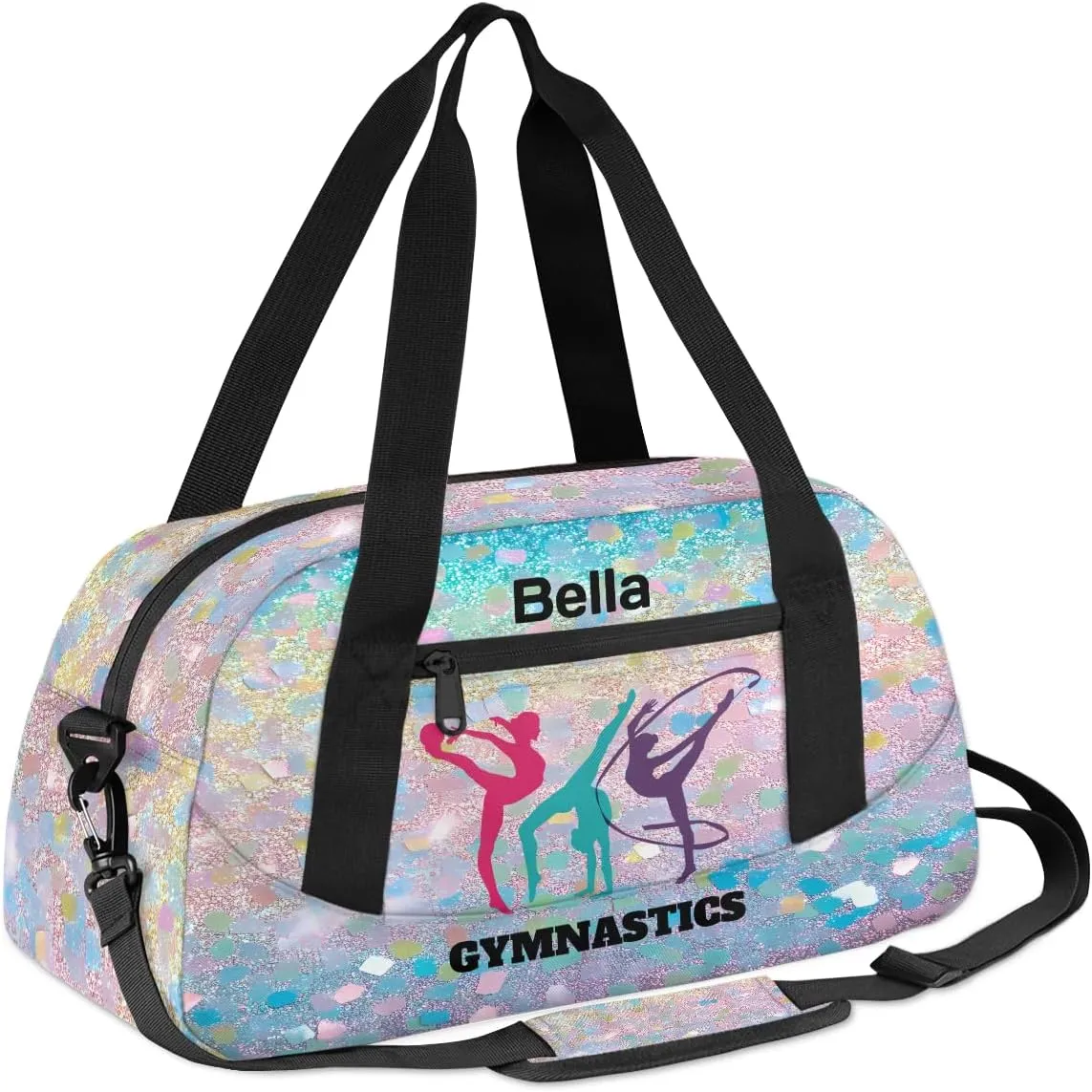 Custom Kids Sports Duffel Bag Rainbow Pastel Glitter Gym Themed Personalized Dance Gym Bag for Boys Girls Lightweight Weekender Travel Duffle Cheer Bag