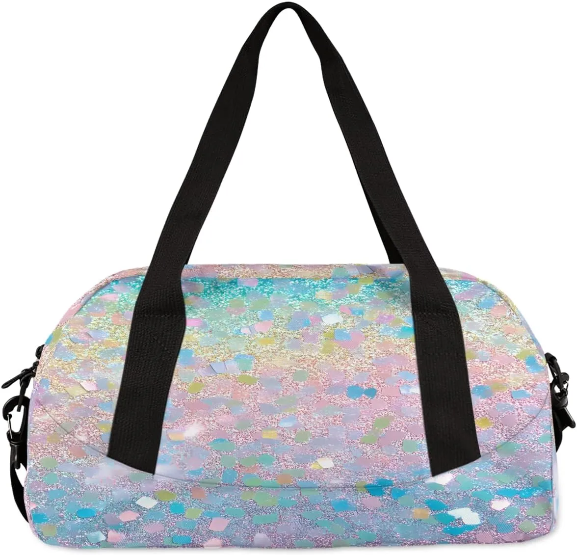 Custom Kids Sports Duffel Bag Rainbow Pastel Glitter Gym Themed Personalized Dance Gym Bag for Boys Girls Lightweight Weekender Travel Duffle Cheer Bag