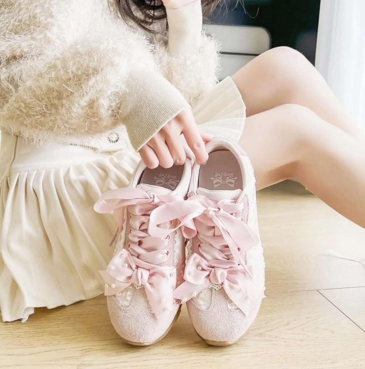 Cute Ballet Pearl Aesthetic Shoes Ribbon Lace up Walking Sneakers for Women, Platform Trainers - Comfort Meets Sweet Elegance