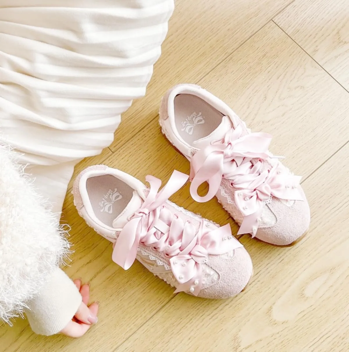 Cute Ballet Pearl Aesthetic Shoes Ribbon Lace up Walking Sneakers for Women, Platform Trainers - Comfort Meets Sweet Elegance