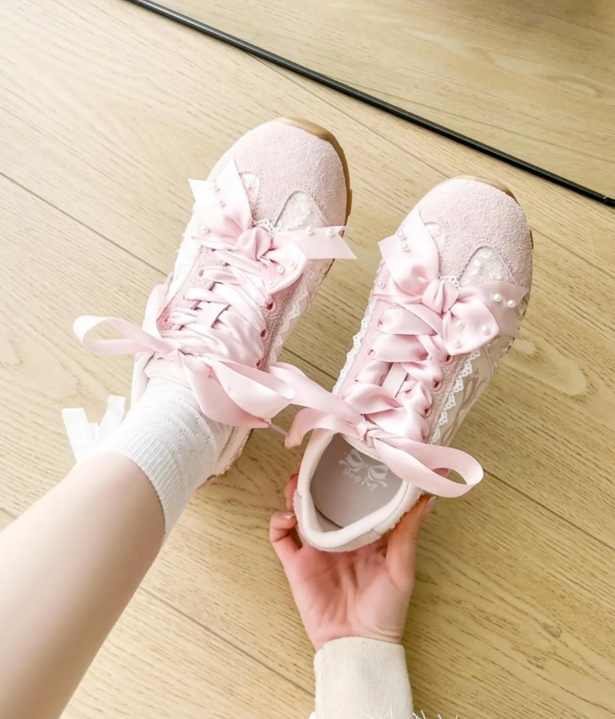 Cute Ballet Pearl Aesthetic Shoes Ribbon Lace up Walking Sneakers for Women, Platform Trainers - Comfort Meets Sweet Elegance