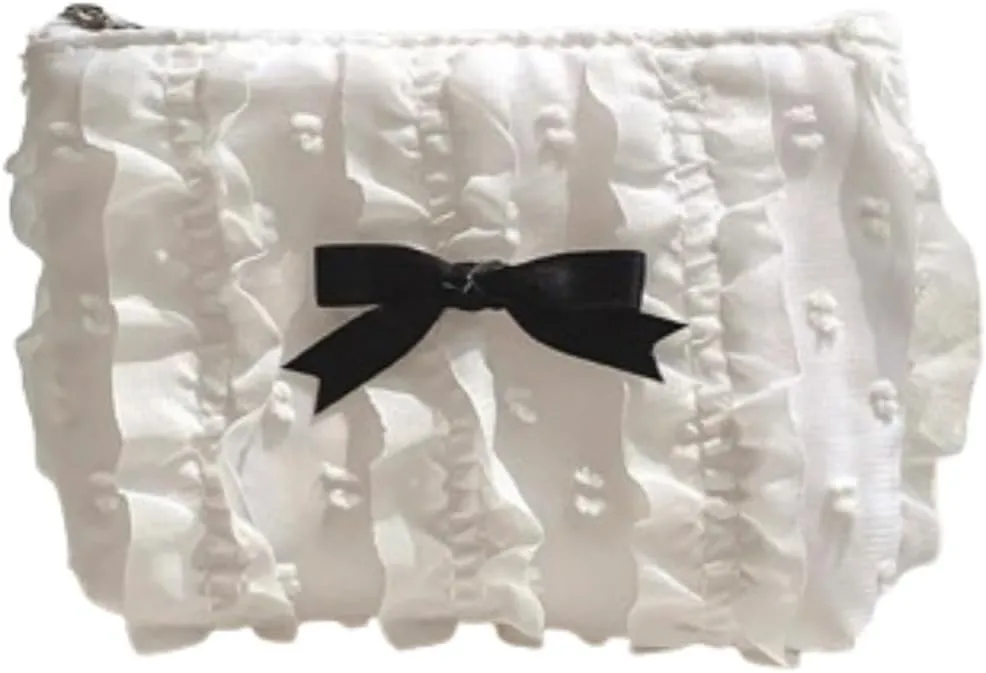 Cute Makeup Bag Lace Bow Patchwork Storage Bag Travel Make Up Organizer Bag Handbag Large Wallet Bag (White)