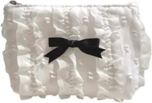 Cute Makeup Bag Lace Bow Patchwork Storage Bag Travel Make Up Organizer Bag Handbag Large Wallet Bag (White)
