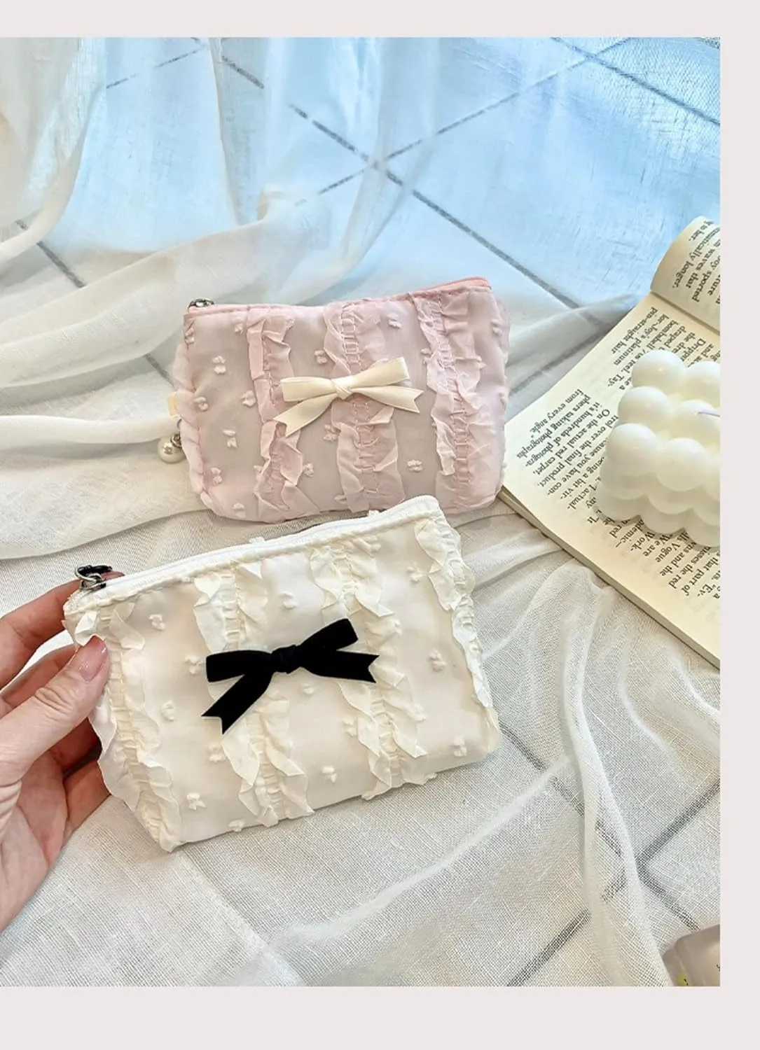 Cute Makeup Bag Lace Bow Patchwork Storage Bag Travel Make Up Organizer Bag Handbag Large Wallet Bag (White)