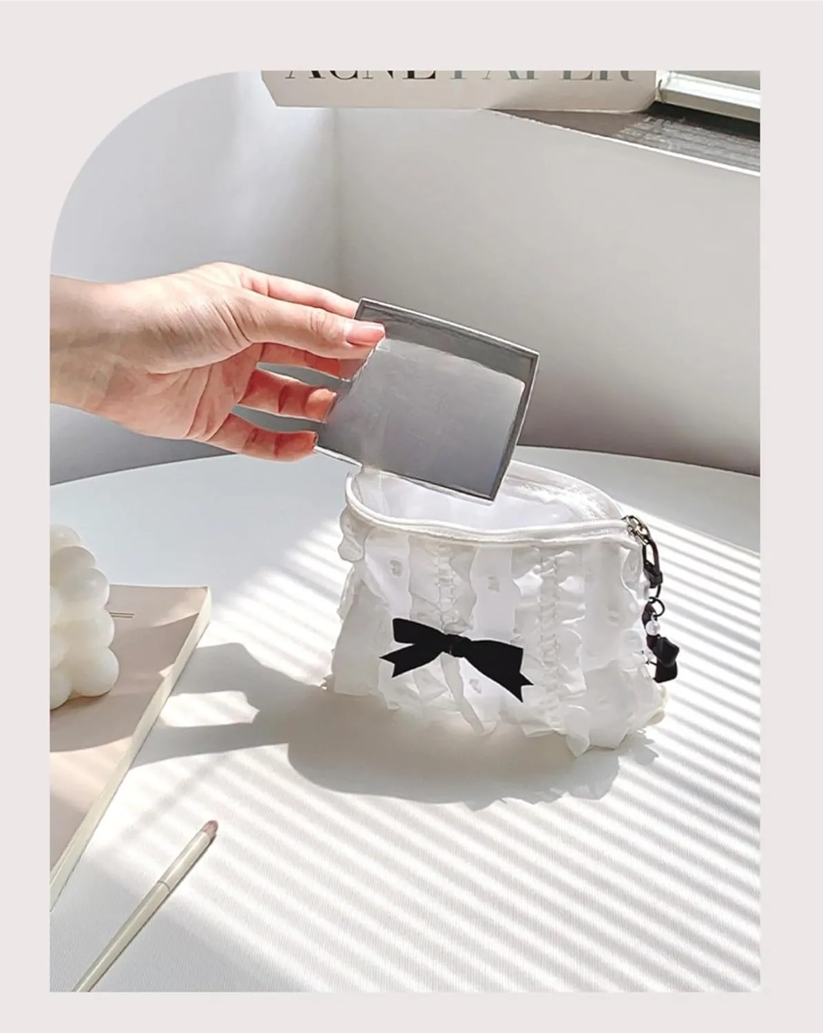 Cute Makeup Bag Lace Bow Patchwork Storage Bag Travel Make Up Organizer Bag Handbag Large Wallet Bag (White)