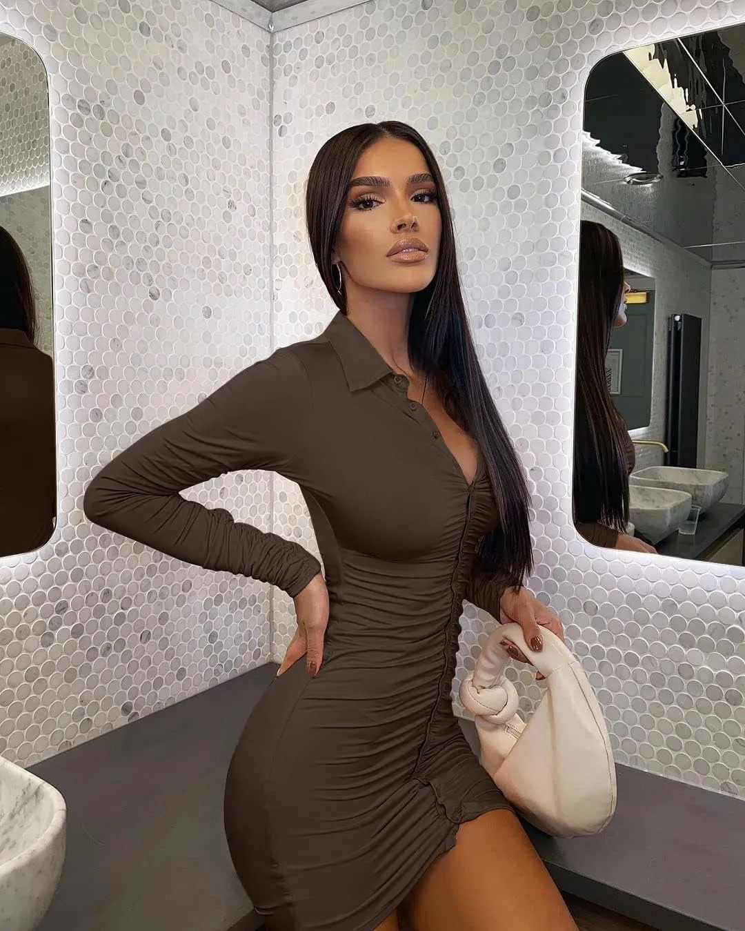 DAAWENXI Women's Sexy Long Sleeve Ruched Button Down Front Mini Shirts Dress