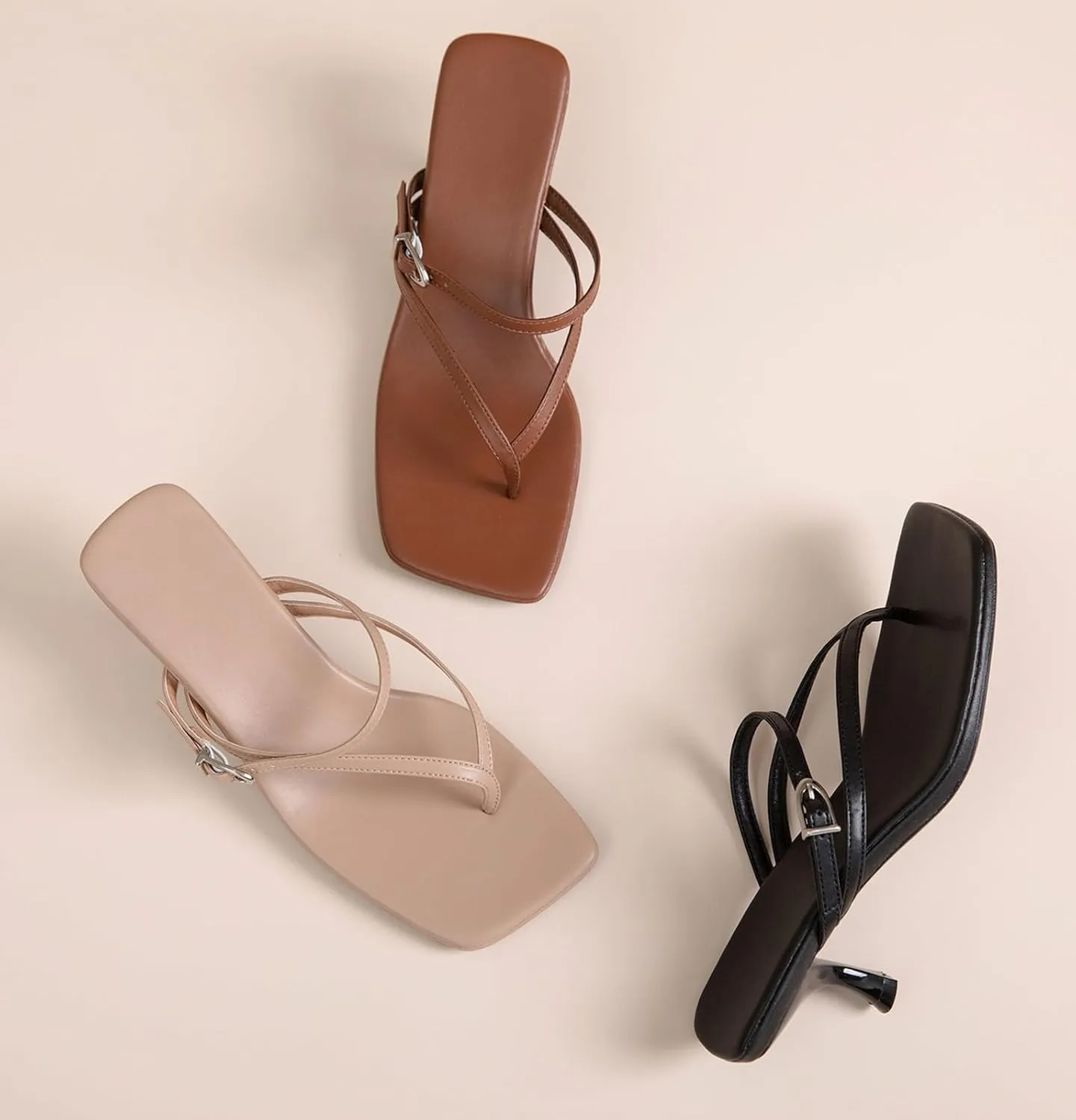DADAWEN Women's Kitten Low Heels Sandals Flip Flops Square Open Toe Buckle Slip On Heels Sexy Fashion Party Wedding Dressy Thong Heeled Sandals