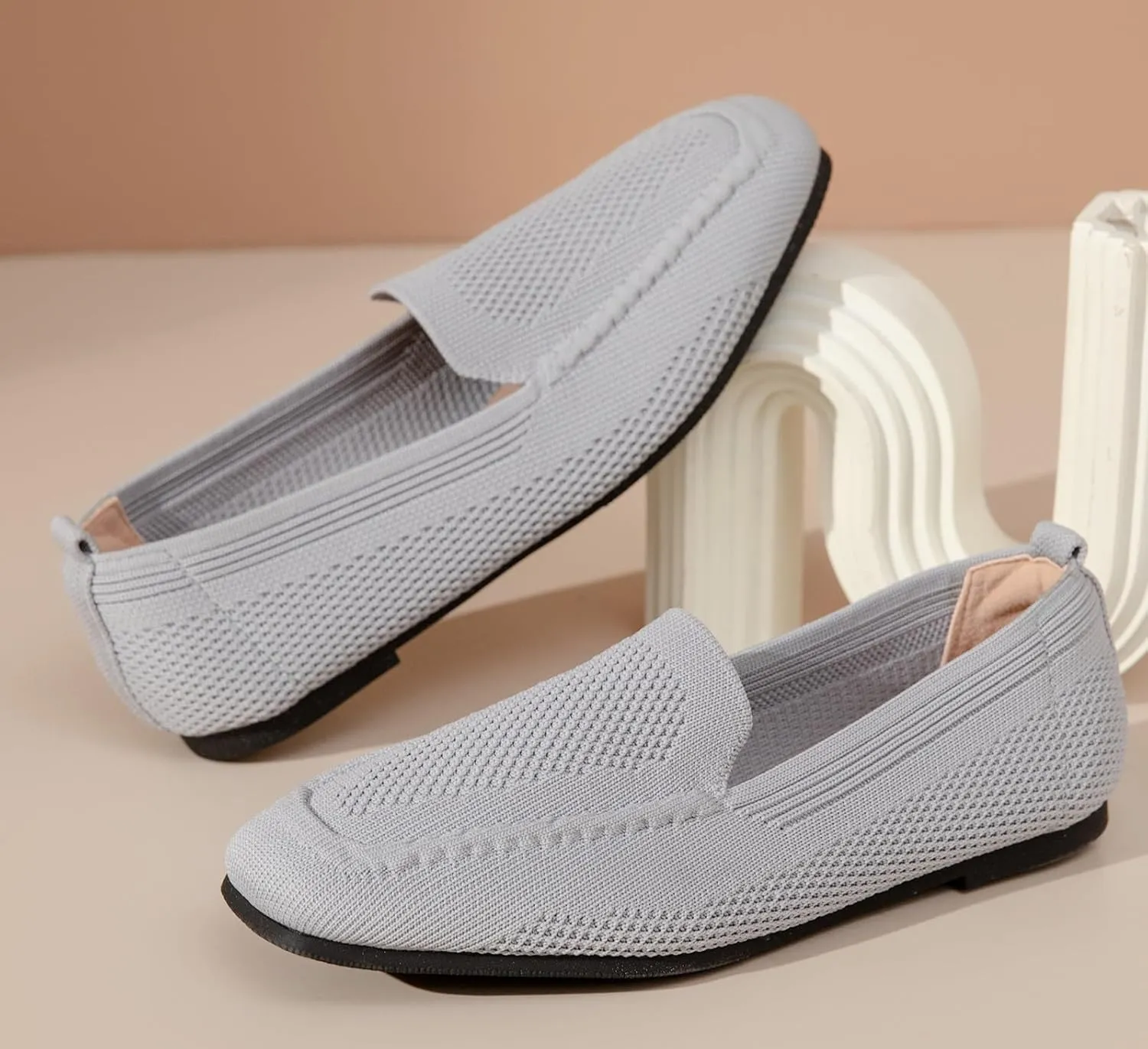 DADAWEN Womens Square Toe Flats Knit Dress Shoes Comfortable Women Shoes Slip On Shoes for Woman Soft Ballet Walking Flats Shoes