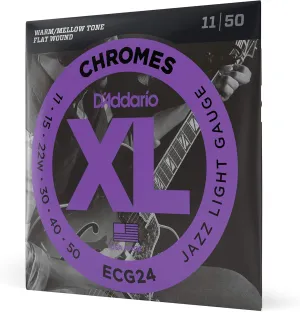 D'Addario Guitar Strings - XL Chromes Electric Guitar Strings - Flat Wound - Polished for Ultra-Smooth Feel and Warm, Mellow Tone - ECG24 - Jazz Light, 11-50, 1-Pack