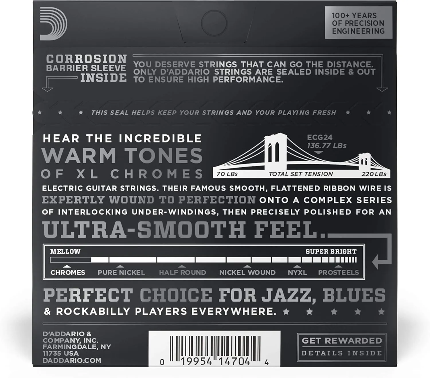 D'Addario Guitar Strings - XL Chromes Electric Guitar Strings - Flat Wound - Polished for Ultra-Smooth Feel and Warm, Mellow Tone - ECG24 - Jazz Light, 11-50, 1-Pack