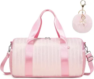 Dance Bag for Girls Dancers Ballet Bag Shiny Glitter Sports Gym Duffle for Little Girls Ballerina Duffel with Shoulder Strap and Furball Keychain