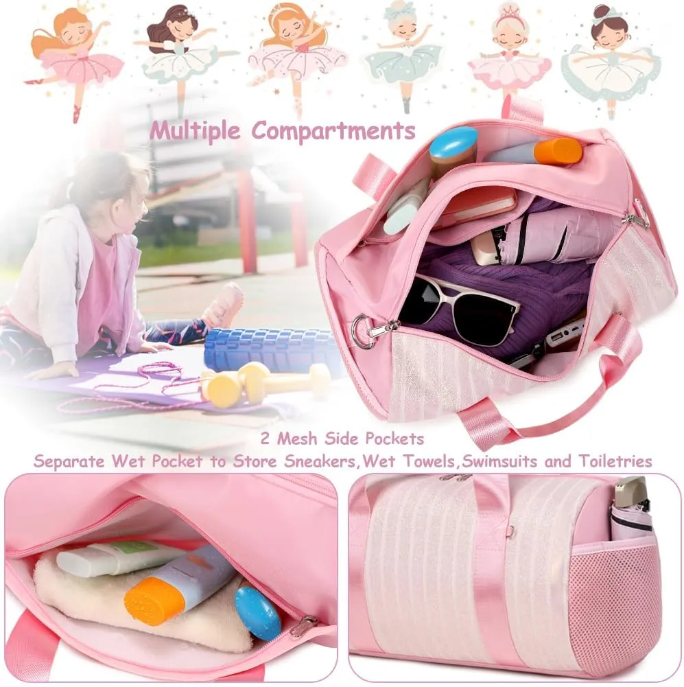 Dance Bag for Girls Dancers Ballet Bag Shiny Glitter Sports Gym Duffle for Little Girls Ballerina Duffel with Shoulder Strap and Furball Keychain