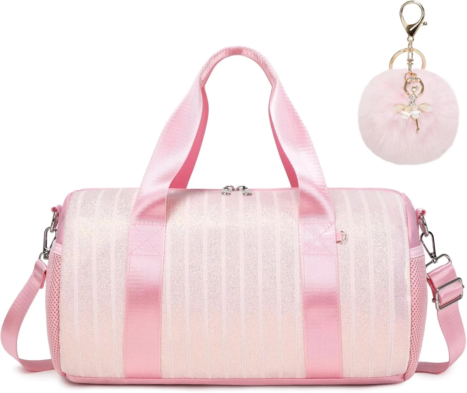 Dance Bag for Girls Dancers Ballet Bag Shiny Glitter Sports Gym Duffle for Little Girls Ballerina Duffel with Shoulder Strap and Furball Keychain