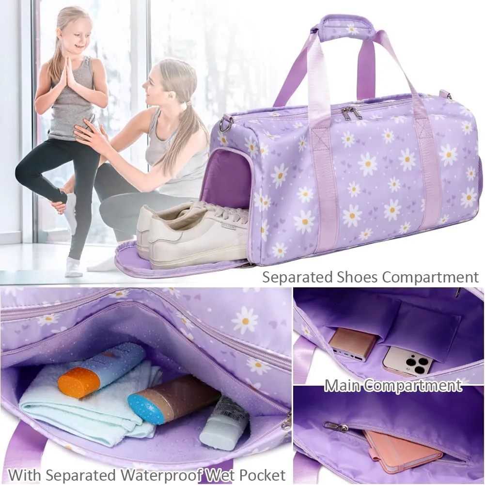 Dance Duffel Bag for Girls Daisy Ballet Bag for Girls Water Resistant Sports Gym Bag Overnight Sleepover Bags with Shoes Compartment Wet Pocket