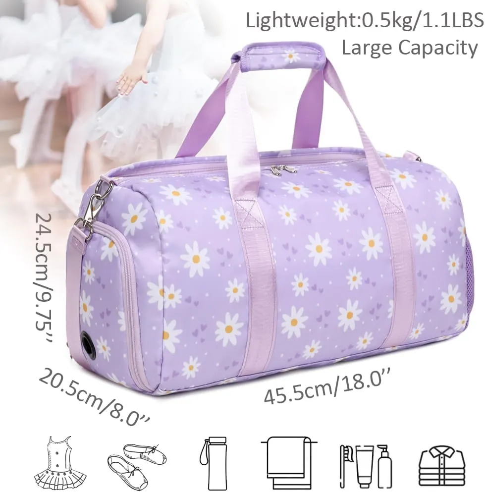 Dance Duffel Bag for Girls Daisy Ballet Bag for Girls Water Resistant Sports Gym Bag Overnight Sleepover Bags with Shoes Compartment Wet Pocket