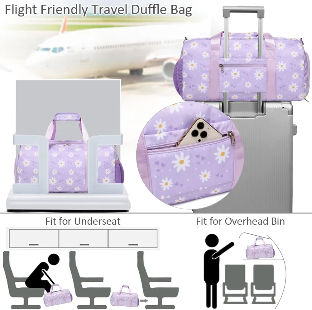 Dance Duffel Bag for Girls Daisy Ballet Bag for Girls Water Resistant Sports Gym Bag Overnight Sleepover Bags with Shoes Compartment Wet Pocket