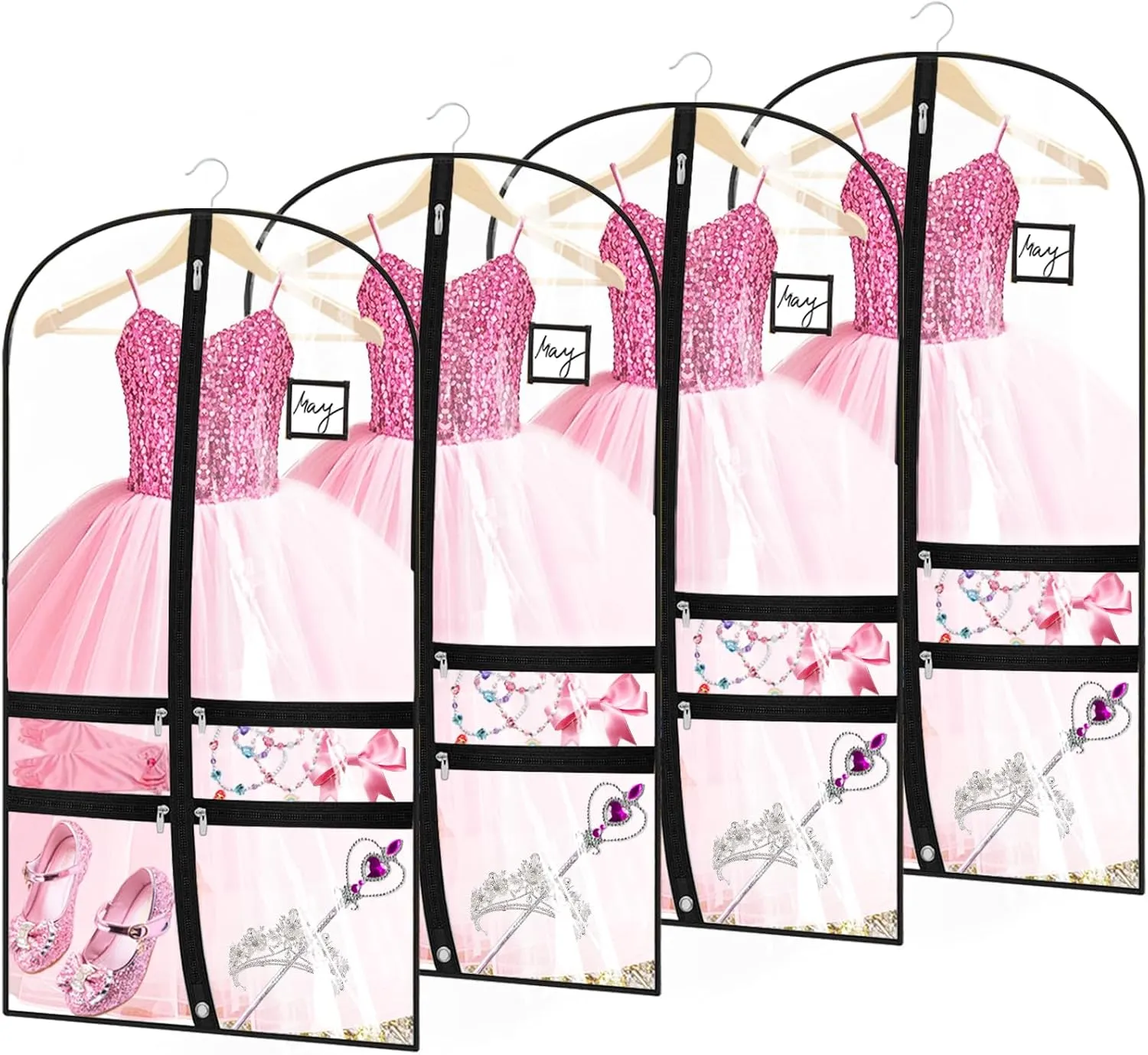 Dance Garment Bags for Dancers, Suit, Girls, Clear Dress Bag, 40 Inch Hanging Clothes Cover for Closet Storage With 4 Large Zipper Pockets for Dancing, Travel, Competition, Ballet, 4 Packs, White