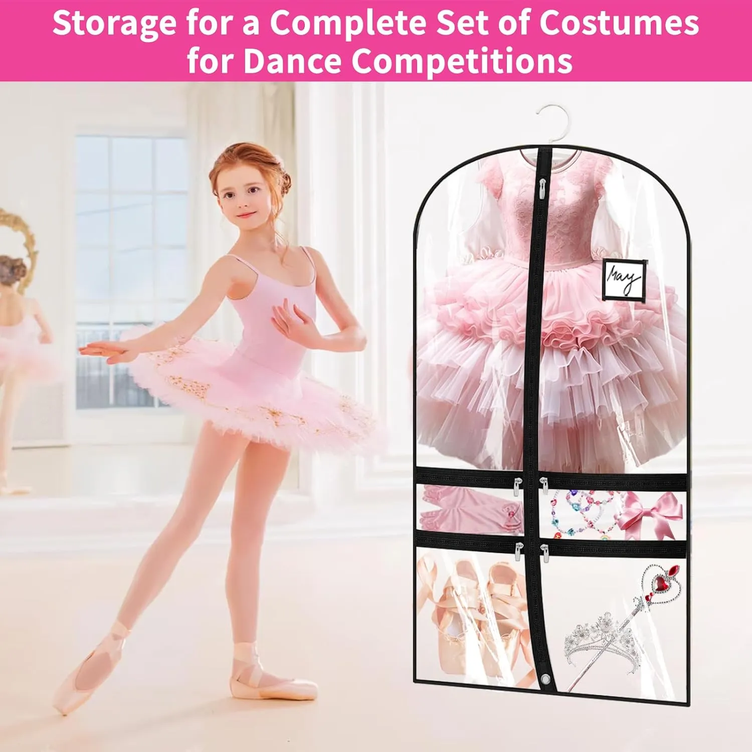 Dance Garment Bags for Dancers, Suit, Girls, Clear Dress Bag, 40 Inch Hanging Clothes Cover for Closet Storage With 4 Large Zipper Pockets for Dancing, Travel, Competition, Ballet, 4 Packs, White