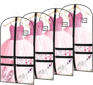 Dance Garment Bags for Dancers, Suit, Girls, Clear Dress Bag, 40 Inch Hanging Clothes Cover for Closet Storage With 4 Large Zipper Pockets for Dancing, Travel, Competition, Ballet, 4 Packs, White