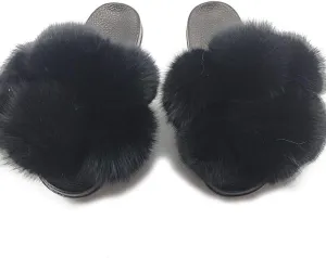 DAYISS Womens Real Fox Fur Ball Slides Flip Flop Fluffy Slippers Fuzzy Sandals Furry Slide for Women