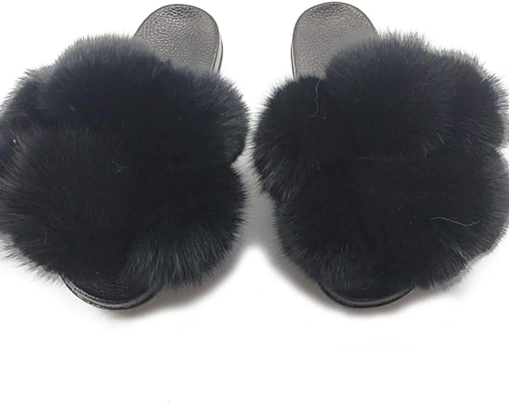 DAYISS Womens Real Fox Fur Ball Slides Flip Flop Fluffy Slippers Fuzzy Sandals Furry Slide for Women