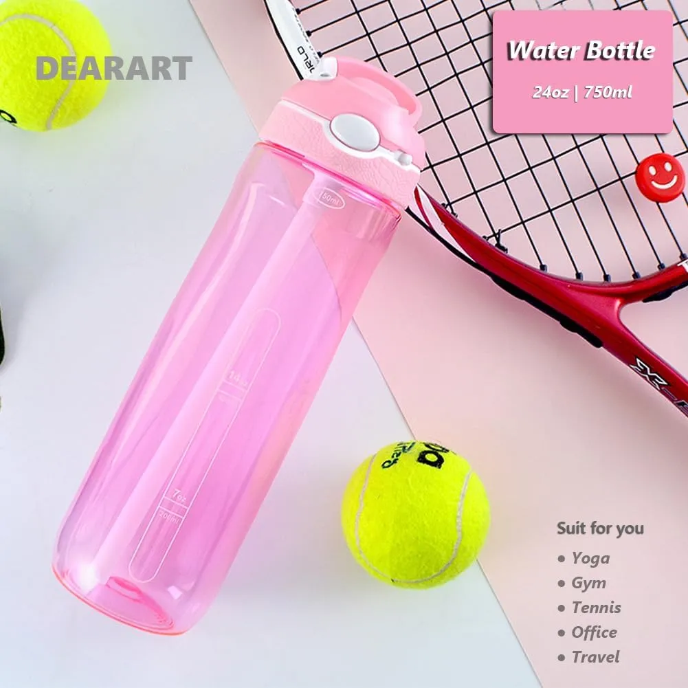 DEARART 2-Pack 24oz Pink & Black Water Bottles With Straw, Leakproof BPA FREE Hidden Nozzle, Flip Up Lid Has Handle Wide Bottle Easy Clear, Suit Office Yoga Outdoor Sports Travel Gym.