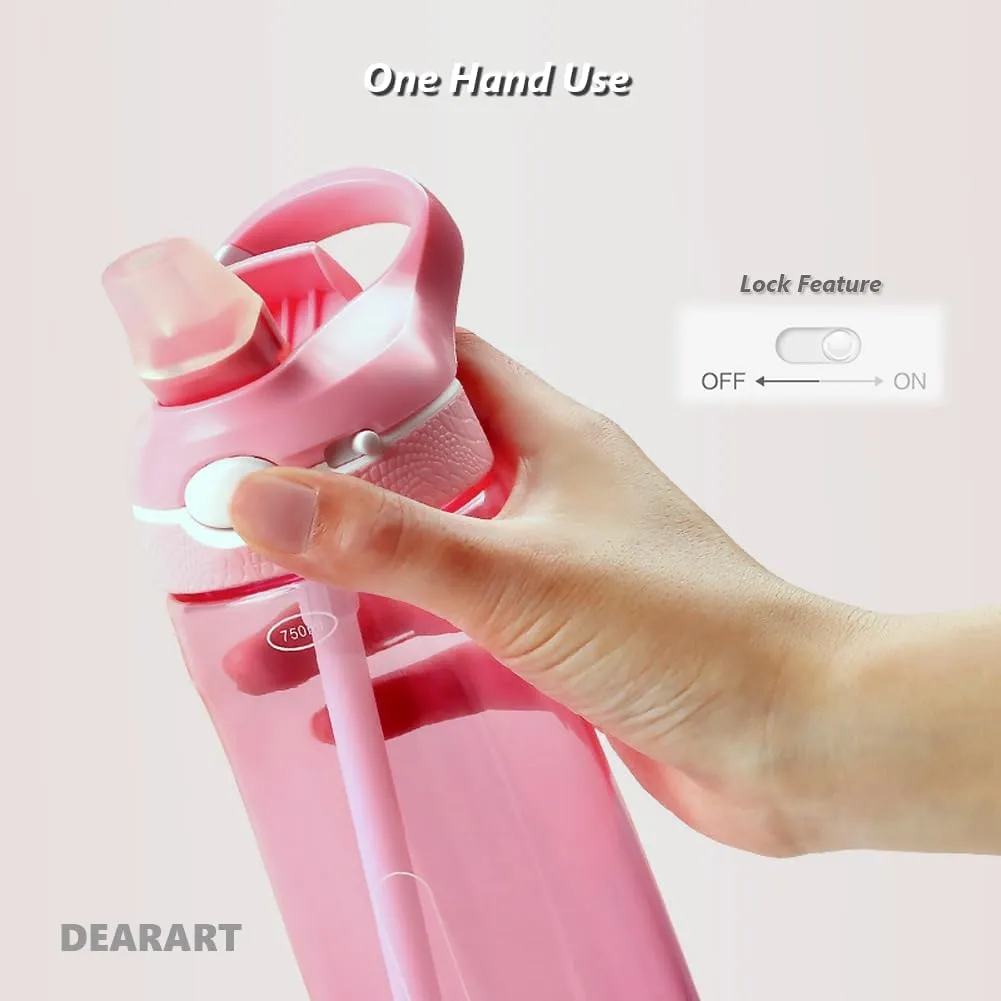 DEARART 2-Pack 24oz Pink & Black Water Bottles With Straw, Leakproof BPA FREE Hidden Nozzle, Flip Up Lid Has Handle Wide Bottle Easy Clear, Suit Office Yoga Outdoor Sports Travel Gym.
